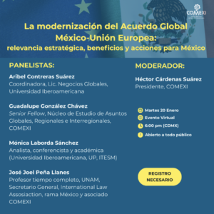 Lee más sobre el artículo Webinar «La modernización del Acuerdo Global México-Unión Europea: relevancia estratégica, beneficios y acciones para México»